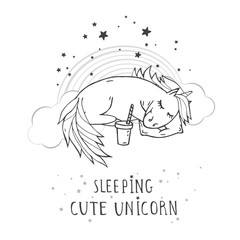 Vector illustration of hand drawn cute sleeping unicorn with coffee, rainbow and text – SLEEPIG CUTE UNICORN on withe background. For print, t-shits, greeting cards, poster, children room decoration.