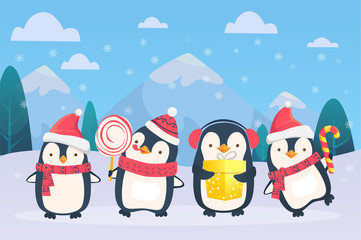 christmas penguins on snowy background
