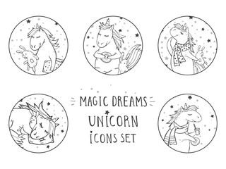 Vector set of black icons with hand drawn cute unicorns. Text - MAGIC DREAMS on withe background. For your design. Cartoon style.