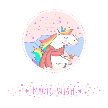 Vector sticker or icon with hand drawn cute unicorn in scarf,magic wand and text - MAGIC WISH on withe background. For your design. Cartoon style. Colored.