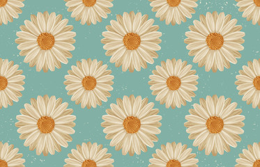 Fototapeta na wymiar Printable seamless vintage repeat pattern background with white daisies. Botanical wallpaper, raster illustration in super High resolution.