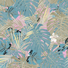 Tropical palm leaves, jungle leaves vector floral pattern background. Leaves texture pattern.Watercolor floral background.