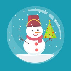 Christmas glass ball with a snowman inside. Spherical New Year snow globe in flat style. Stock flat vector illustration.