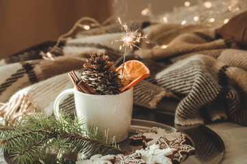 cup with cones and dry orange with sparkler, fir branch, Christmas cookies, cozy knitted blanket, New Year, Christmas still life.