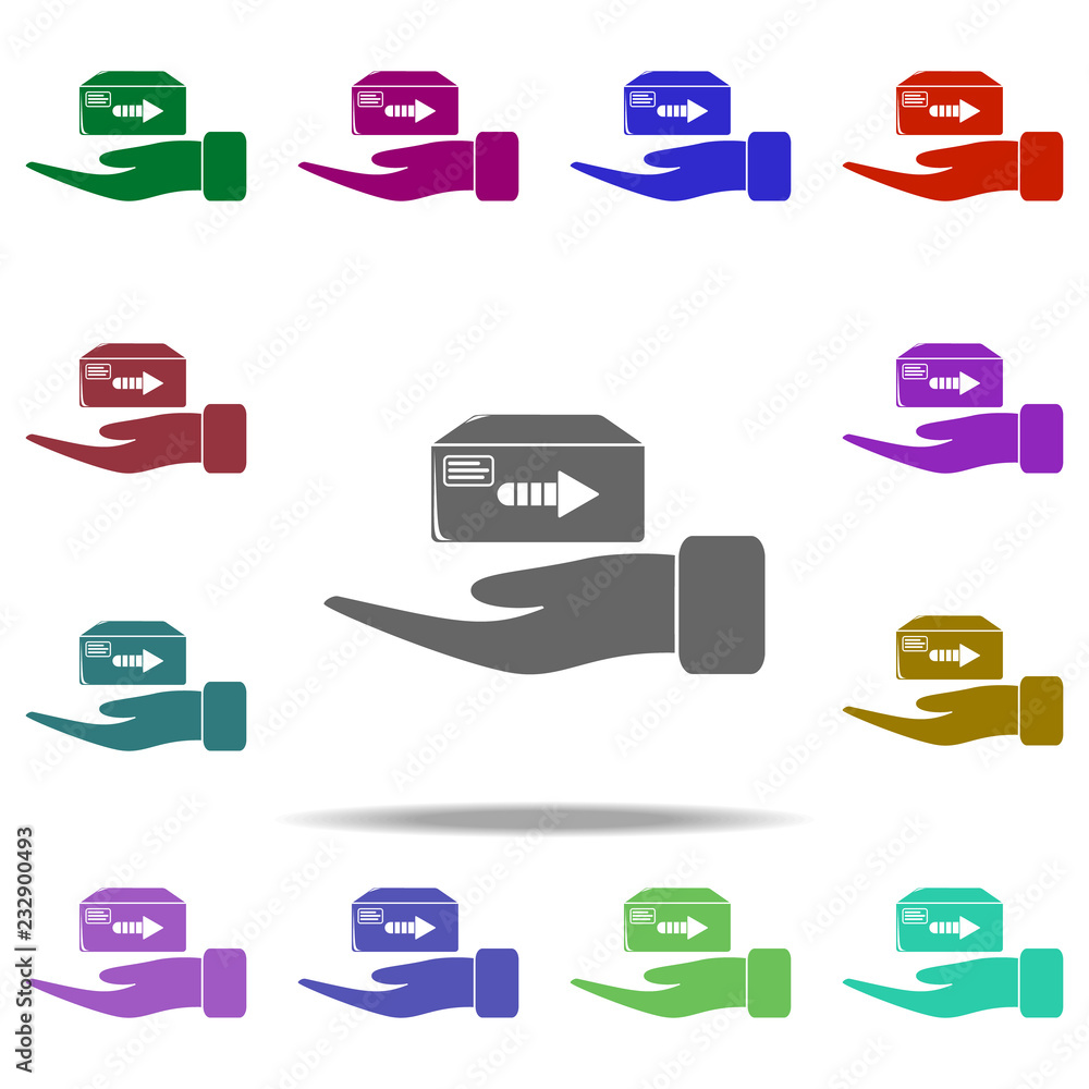 Poster the hand takes the parcel icon. elements of logistic in multi color style icons. simple icon for web