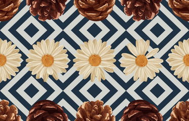 Printable seamless vintage autumn repeat pattern background with daisies, and pine cones. Botanical wallpaper, raster illustration in super High resolution.