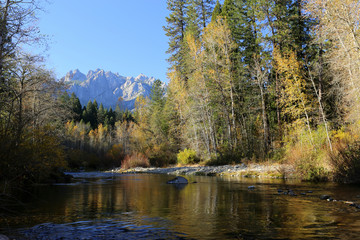 Fototapeta na wymiar river in the forest in autumn with mountain in the background