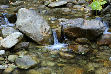 Fototapeta na wymiar babbling brook with stones and small waterfall