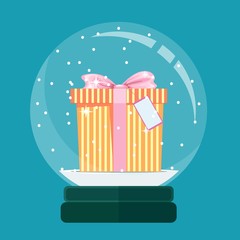 Christmas card. Snow globe with a New Years gift inside. Stock flat vector illustration.