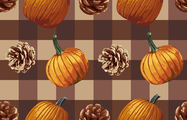 Printable seamless vintage autumn repeat pattern background with pine cones and pumpkins. Botanical wallpaper, raster illustration in super High resolution.