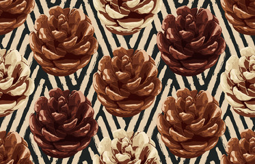 Printable seamless vintage autumn repeat pattern background with pine cone. Botanical wallpaper, raster illustration in super High resolution.