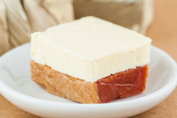 Traditional Colombian sweet from the Velez town in Santander called Bocadillo served with white cheese