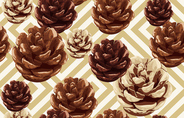 Printable seamless vintage autumn repeat pattern background with pine cone. Botanical wallpaper, raster illustration in super High resolution.