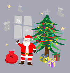 vector santa clause standing beside christmas tree