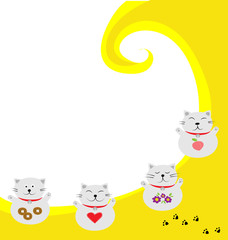 vector of four smiling lucky cat with yellow and white background