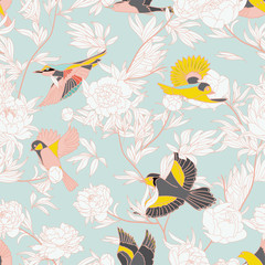 Seamless pattern with birds and peony