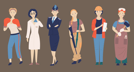 Fototapeta na wymiar Not female professions. Seth from challenging female professions, cartoon characters- scientist, policeman, soldier, boxer, engineer, blacksmith. Flat vector illustration