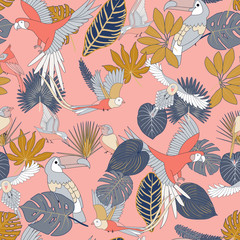 Tropical pattern with birds, parrots and tropic leaves. A bright, juicy summer.