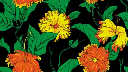 Fototapeten Floral seamless pattern, hand drawn hibiscus flowers and leaves on black background, yellow, orange and green tones © momosama