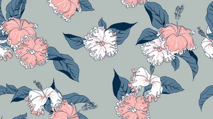Gordijnen Floral seamless pattern, hand drawn hibiscus flowers and leaves on light blue background, pink and blue tones © momosama