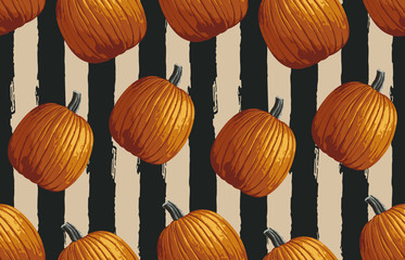 Printable seamless vintage autumn repeat pattern background with pumpkins. Botanical wallpaper, raster illustration in super High resolution.
