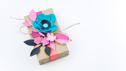 One gift box in craft paper.Copy space.