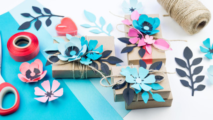 Gift wrapping in a box of craft paper for the holiday