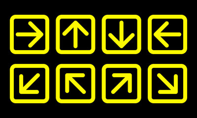 arrow direction sign set, yellow thin line squares on black background