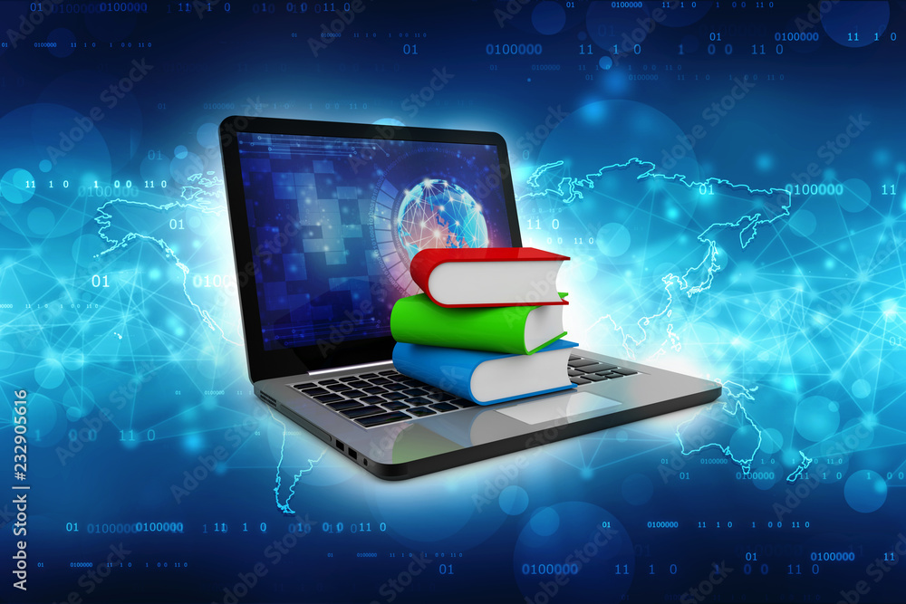 Poster digital library and online education concept - laptop computer with colorful books. 3d rendering