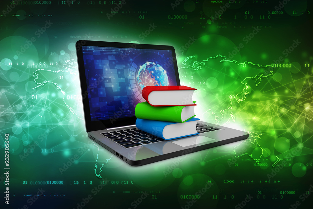 Aufkleber digital library and online education concept - laptop computer with colorful books. 3d rendering