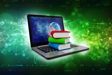 Digital library and online education concept - laptop computer with colorful books. 3d rendering