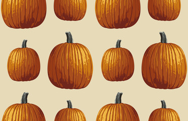 Printable seamless vintage autumn repeat pattern background with pumpkins. Botanical wallpaper, raster illustration in super High resolution.