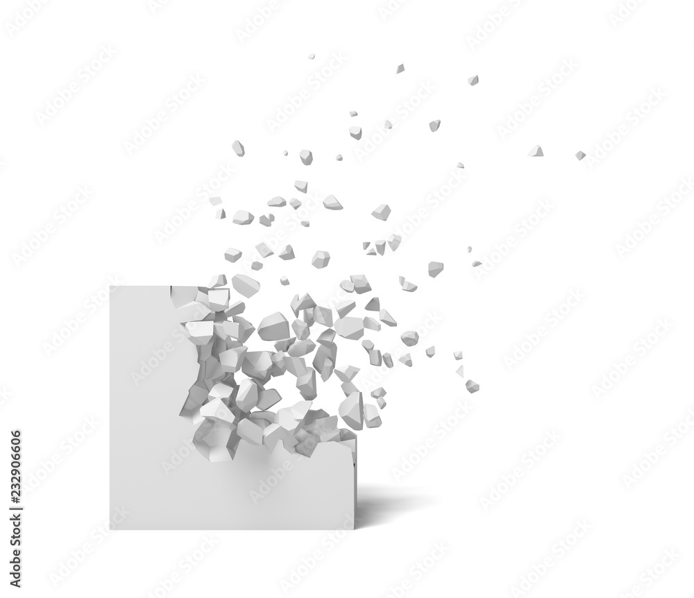 Poster 3d rendering of a white square on a white background starting to get destroyed piece by piece.