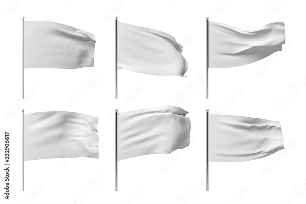 Fototapete 3d rendering of six white flags hanging on posts and wavering on a white background.
