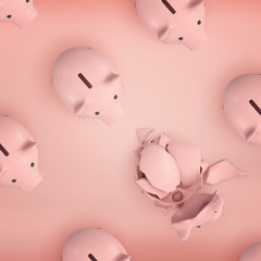 3d rendering of several rows of identical pink piggy banks shown from above with one of them broken into shards.