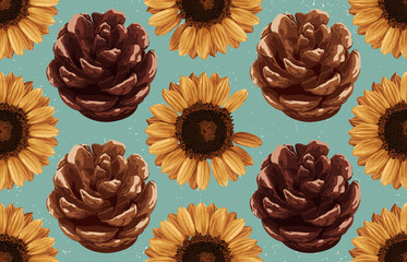 Printable seamless vintage autumn repeat pattern background with pine cones and sunflowers. Botanical wallpaper, raster illustration in super High resolution.