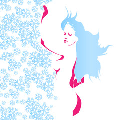 Silhouette of a sexy winter girl, on a background with snowflakes. Abstract christmas illustration.