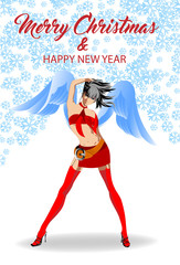 Sexy fashion girl with angel wings on the background of falling snowflakes. Invitation to the Christmas or New Year's party.