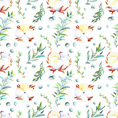 Watercolor winter seamless pattern. Handpainted  watercolor christmas pattern with winter branches, berries, cotton. Perfect for you postcard design, wallpaper, happy new year print etc. - 232907259