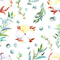 Watercolor winter seamless pattern. Handpainted  watercolor christmas pattern with winter branches, berries, cotton. Perfect for you postcard design, wallpaper, happy new year print etc. - 232907268