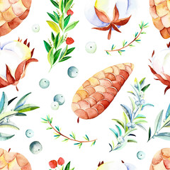 Watercolor winter seamless pattern. Handpainted  watercolor christmas pattern with winter branches, berries, cotton and fir cones. Perfect for you postcard design, wallpaper, happy new year print etc. - 232907278