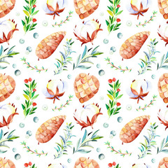 Watercolor winter seamless pattern. Handpainted  watercolor christmas pattern with winter branches, berries, cotton and fir cones. Perfect for you postcard design, wallpaper, happy new year print etc. - 232907288