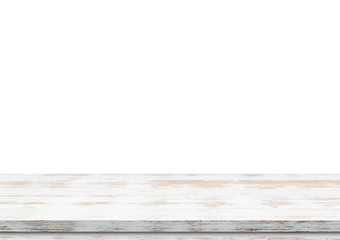 Empty white wood table top isolated on white background