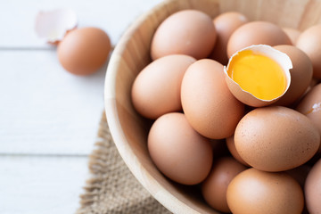 kitchen wood table with close up of egg in basket.