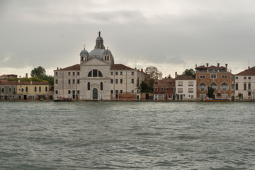 Fototapeta na wymiar VENICE, ITALY- OCTOBER 30, 2018: View of the city from the sea in autumn