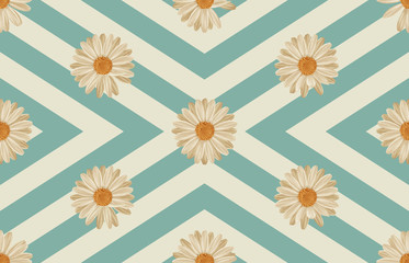 Printable seamless vintage repeat pattern background with white daisies. Botanical wallpaper, raster illustration in super High resolution.
