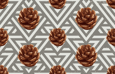 Printable seamless vintage autumn repeat pattern background with pine cone. Botanical wallpaper, raster illustration in super High resolution.