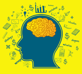 human brain icon silhouette head with multiple infographic Luminou sparking idea in business. creativity. on background yellow vector. open mind. cartoon vector illustration