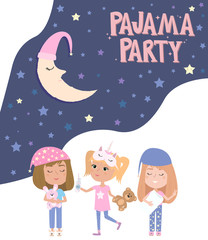 Pajama party poster with fun girls and. Invitation for slumber party. Editable vector illustration