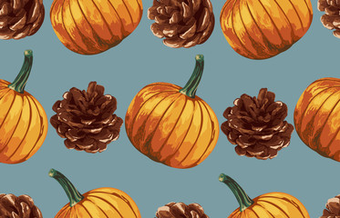 Printable seamless vintage autumn repeat pattern background with pine cones and pumpkins. Botanical wallpaper, raster illustration in super High resolution.